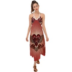 Awesome Heart With Skulls And Wings Halter Tie Back Dress 