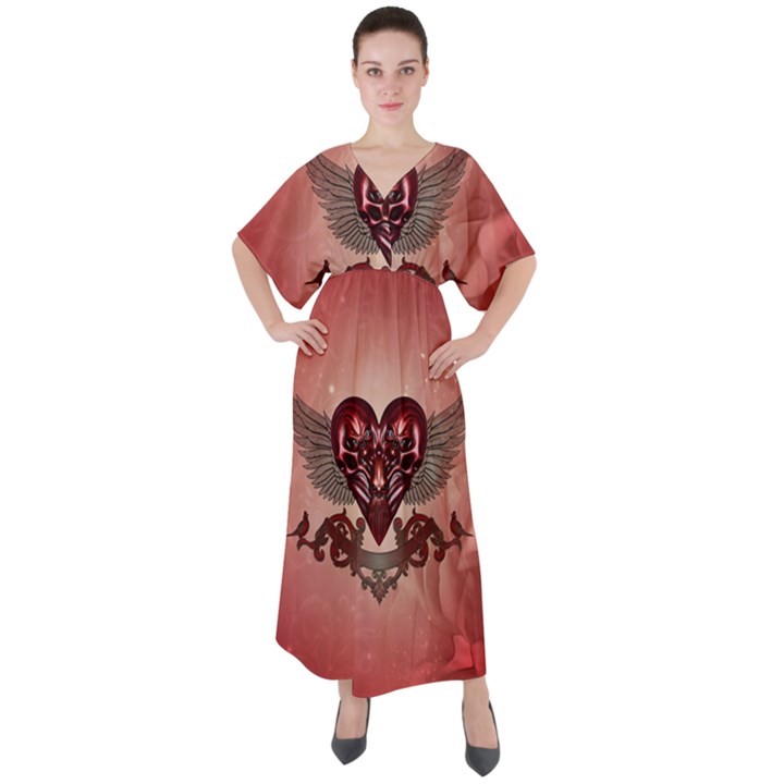 Awesome Heart With Skulls And Wings V-Neck Boho Style Maxi Dress