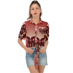 Awesome Heart With Skulls And Wings Tie Front Shirt 