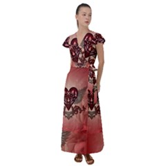 Awesome Heart With Skulls And Wings Flutter Sleeve Maxi Dress