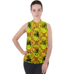 Cut Glass Beads Mock Neck Chiffon Sleeveless Top by essentialimage