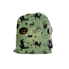 Funny Halloween Pattern With Witch, Cat And Pumpkin Drawstring Pouch (large) by FantasyWorld7