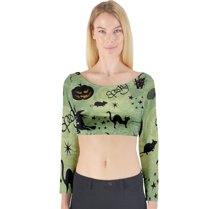 Funny Halloween Pattern With Witch, Cat And Pumpkin Long Sleeve Crop Top