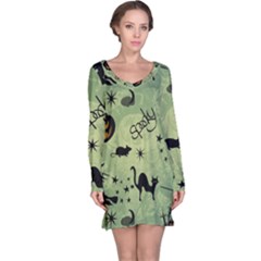 Funny Halloween Pattern With Witch, Cat And Pumpkin Long Sleeve Nightdress