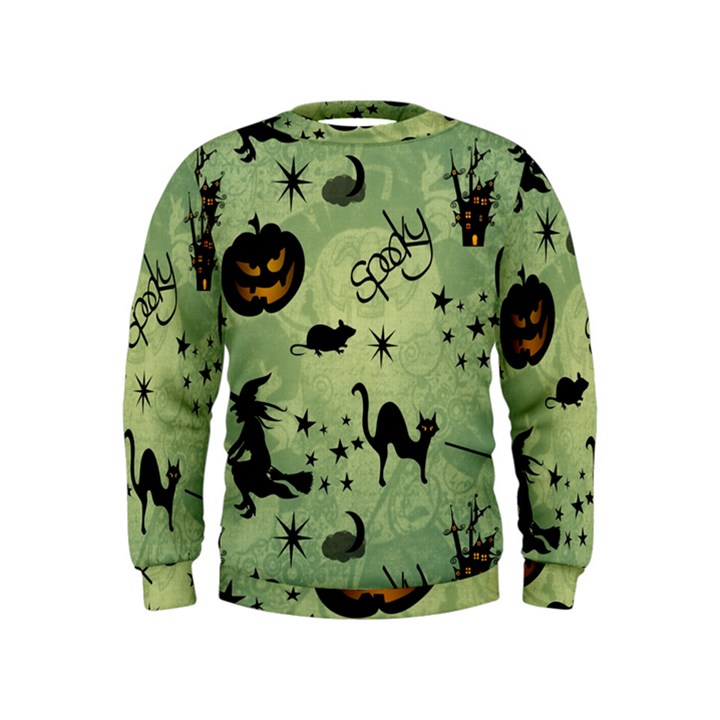 Funny Halloween Pattern With Witch, Cat And Pumpkin Kids  Sweatshirt