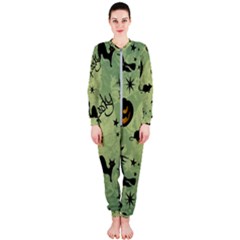 Funny Halloween Pattern With Witch, Cat And Pumpkin Onepiece Jumpsuit (ladies)  by FantasyWorld7