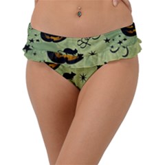 Funny Halloween Pattern With Witch, Cat And Pumpkin Frill Bikini Bottom by FantasyWorld7