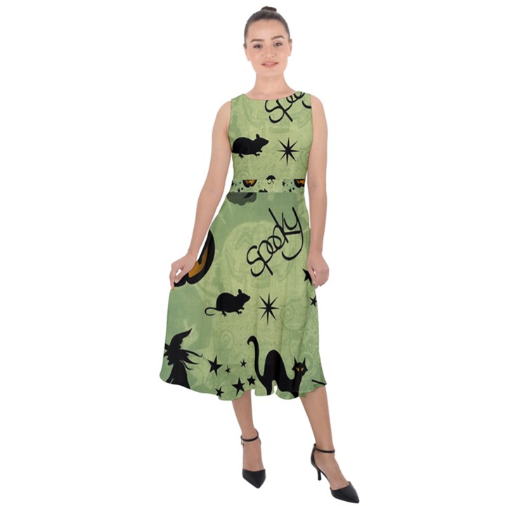 Funny Halloween Pattern With Witch, Cat And Pumpkin Midi Tie-Back Chiffon Dress