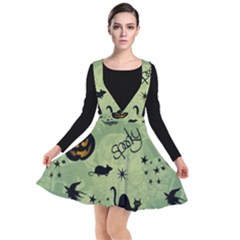 Funny Halloween Pattern With Witch, Cat And Pumpkin Plunge Pinafore Dress by FantasyWorld7