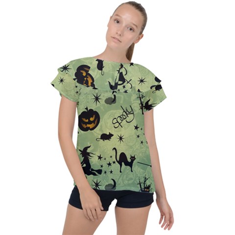 Funny Halloween Pattern With Witch, Cat And Pumpkin Ruffle Collar Chiffon Blouse by FantasyWorld7