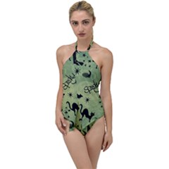 Funny Halloween Pattern With Witch, Cat And Pumpkin Go With The Flow One Piece Swimsuit by FantasyWorld7