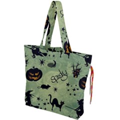 Funny Halloween Pattern With Witch, Cat And Pumpkin Drawstring Tote Bag by FantasyWorld7