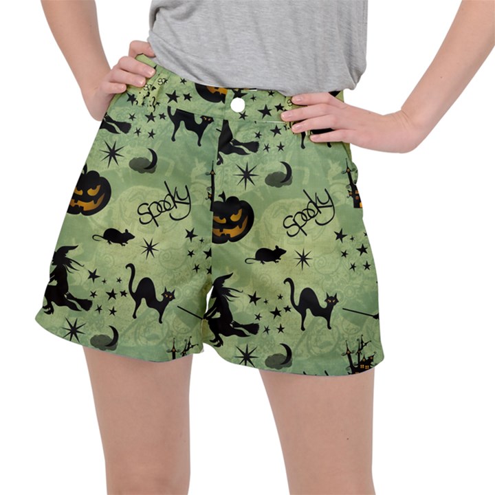 Funny Halloween Pattern With Witch, Cat And Pumpkin Ripstop Shorts