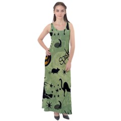 Funny Halloween Pattern With Witch, Cat And Pumpkin Sleeveless Velour Maxi Dress by FantasyWorld7