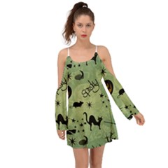 Funny Halloween Pattern With Witch, Cat And Pumpkin Kimono Sleeves Boho Dress