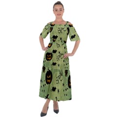 Funny Halloween Pattern With Witch, Cat And Pumpkin Shoulder Straps Boho Maxi Dress 