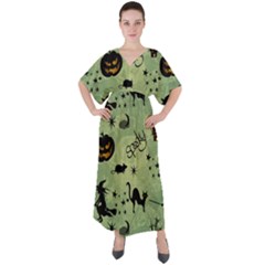 Funny Halloween Pattern With Witch, Cat And Pumpkin V-neck Boho Style Maxi Dress