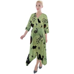 Funny Halloween Pattern With Witch, Cat And Pumpkin Quarter Sleeve Wrap Front Maxi Dress