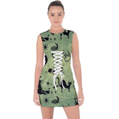 Funny Halloween Pattern With Witch, Cat And Pumpkin Lace Up Front Bodycon Dress