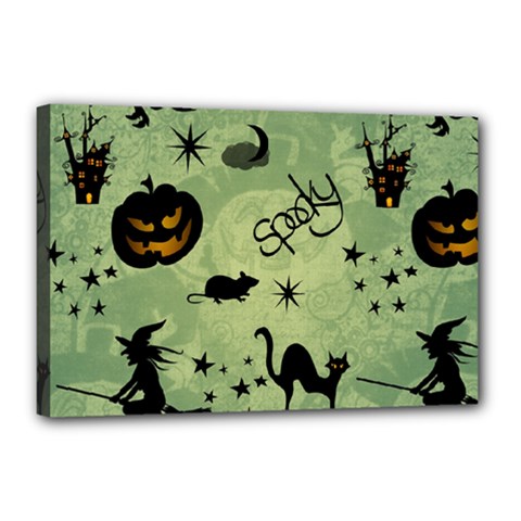 Funny Halloween Pattern With Witch, Cat And Pumpkin Canvas 18  X 12  (stretched) by FantasyWorld7