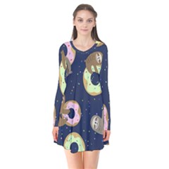 Cute Sloth With Sweet Doughnuts Long Sleeve V-neck Flare Dress