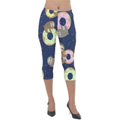 Cute Sloth With Sweet Doughnuts Lightweight Velour Capri Leggings  by Sobalvarro