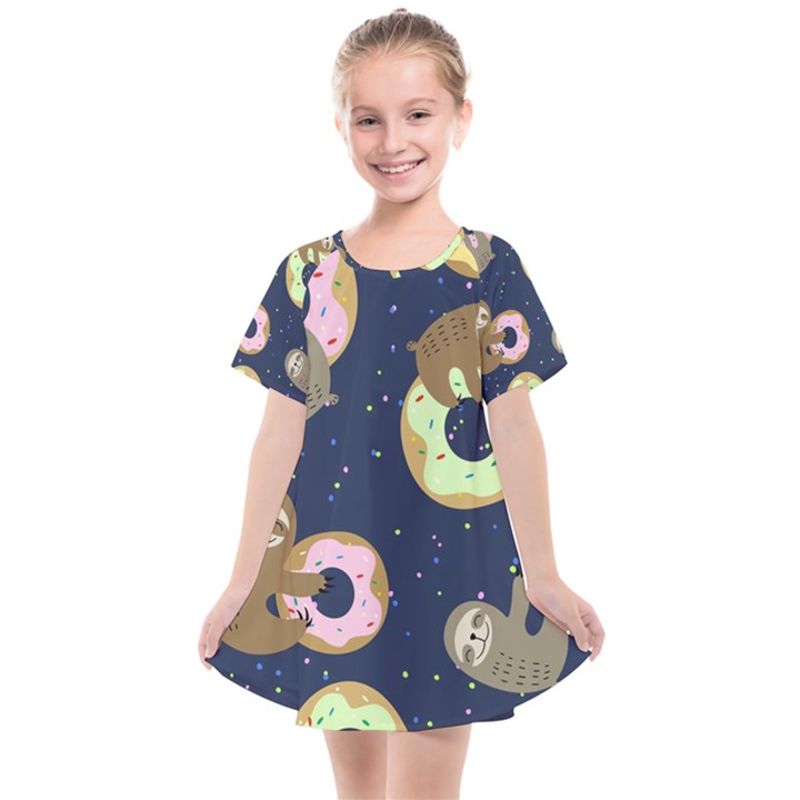 Cute Sloth With Sweet Doughnuts Kids  Smock Dress