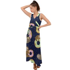 Cute Sloth With Sweet Doughnuts V-neck Chiffon Maxi Dress by Sobalvarro