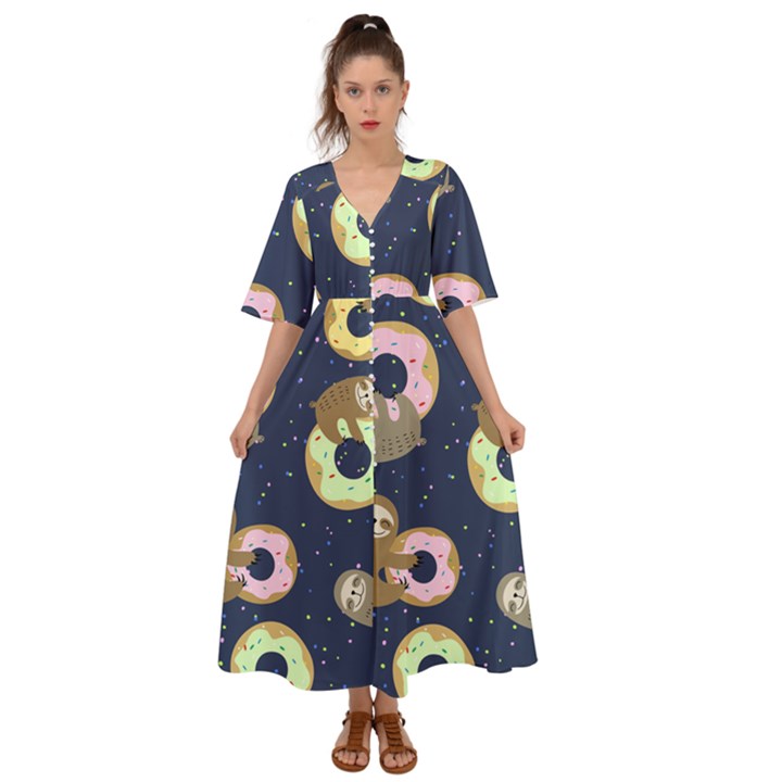 Cute Sloth With Sweet Doughnuts Kimono Sleeve Boho Dress