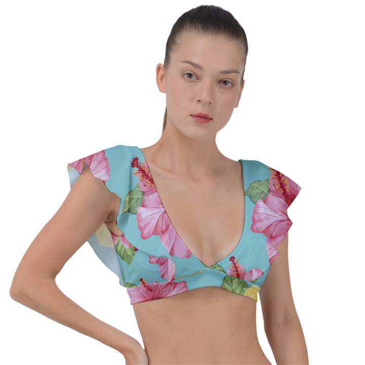 Hibiscus Plunge Frill Sleeve Bikini Top