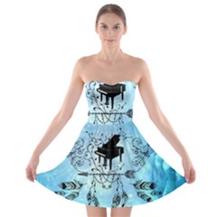 Piano With Feathers, Clef And Key Notes Strapless Bra Top Dress by FantasyWorld7