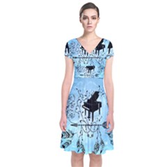 Piano With Feathers, Clef And Key Notes Short Sleeve Front Wrap Dress by FantasyWorld7