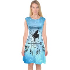 Piano With Feathers, Clef And Key Notes Capsleeve Midi Dress by FantasyWorld7