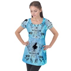 Piano With Feathers, Clef And Key Notes Puff Sleeve Tunic Top by FantasyWorld7