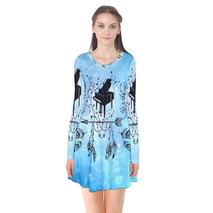 Piano With Feathers, Clef And Key Notes Long Sleeve V-neck Flare Dress