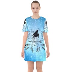 Piano With Feathers, Clef And Key Notes Sixties Short Sleeve Mini Dress by FantasyWorld7