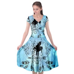 Piano With Feathers, Clef And Key Notes Cap Sleeve Wrap Front Dress by FantasyWorld7