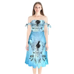 Piano With Feathers, Clef And Key Notes Shoulder Tie Bardot Midi Dress by FantasyWorld7