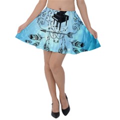 Piano With Feathers, Clef And Key Notes Velvet Skater Skirt by FantasyWorld7