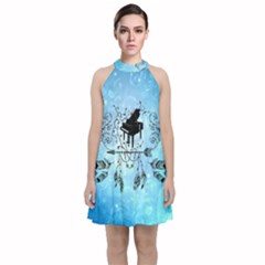 Piano With Feathers, Clef And Key Notes Velvet Halter Neckline Dress  by FantasyWorld7