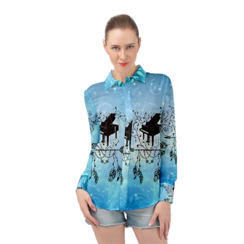 Piano With Feathers, Clef And Key Notes Long Sleeve Chiffon Shirt by FantasyWorld7