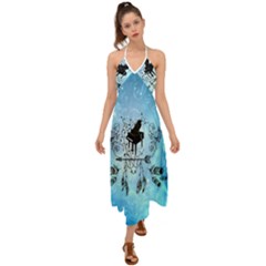 Piano With Feathers, Clef And Key Notes Halter Tie Back Dress  by FantasyWorld7