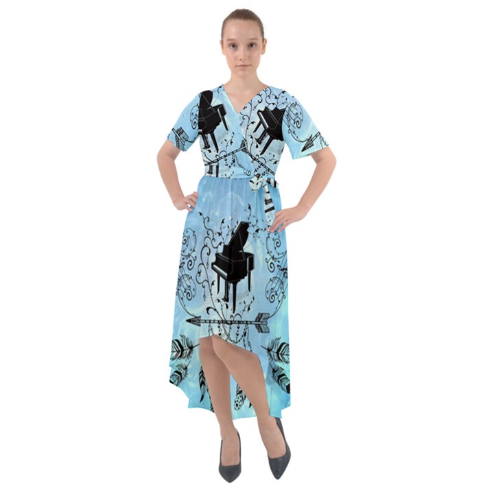 Piano With Feathers, Clef And Key Notes Front Wrap High Low Dress