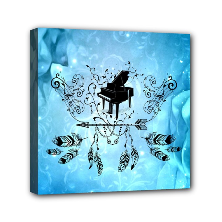 Piano With Feathers, Clef And Key Notes Mini Canvas 6  x 6  (Stretched)