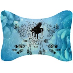 Piano With Feathers, Clef And Key Notes Seat Head Rest Cushion by FantasyWorld7