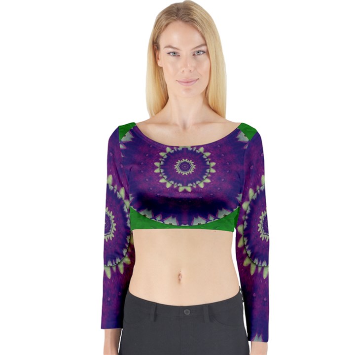 Mandala In Leaves,on Beautiful Leaves In Bohemian Style Long Sleeve Crop Top