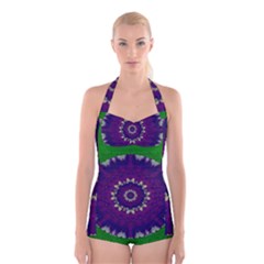 Mandala In Leaves,on Beautiful Leaves In Bohemian Style Boyleg Halter Swimsuit  by pepitasart