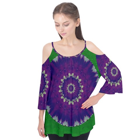 Mandala In Leaves,on Beautiful Leaves In Bohemian Style Flutter Tees by pepitasart