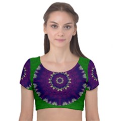 Mandala In Leaves,on Beautiful Leaves In Bohemian Style Velvet Short Sleeve Crop Top  by pepitasart