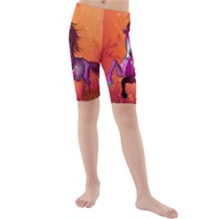 Wonderful Fantasy Horse In A Autumn Landscape Kids  Mid Length Swim Shorts by FantasyWorld7